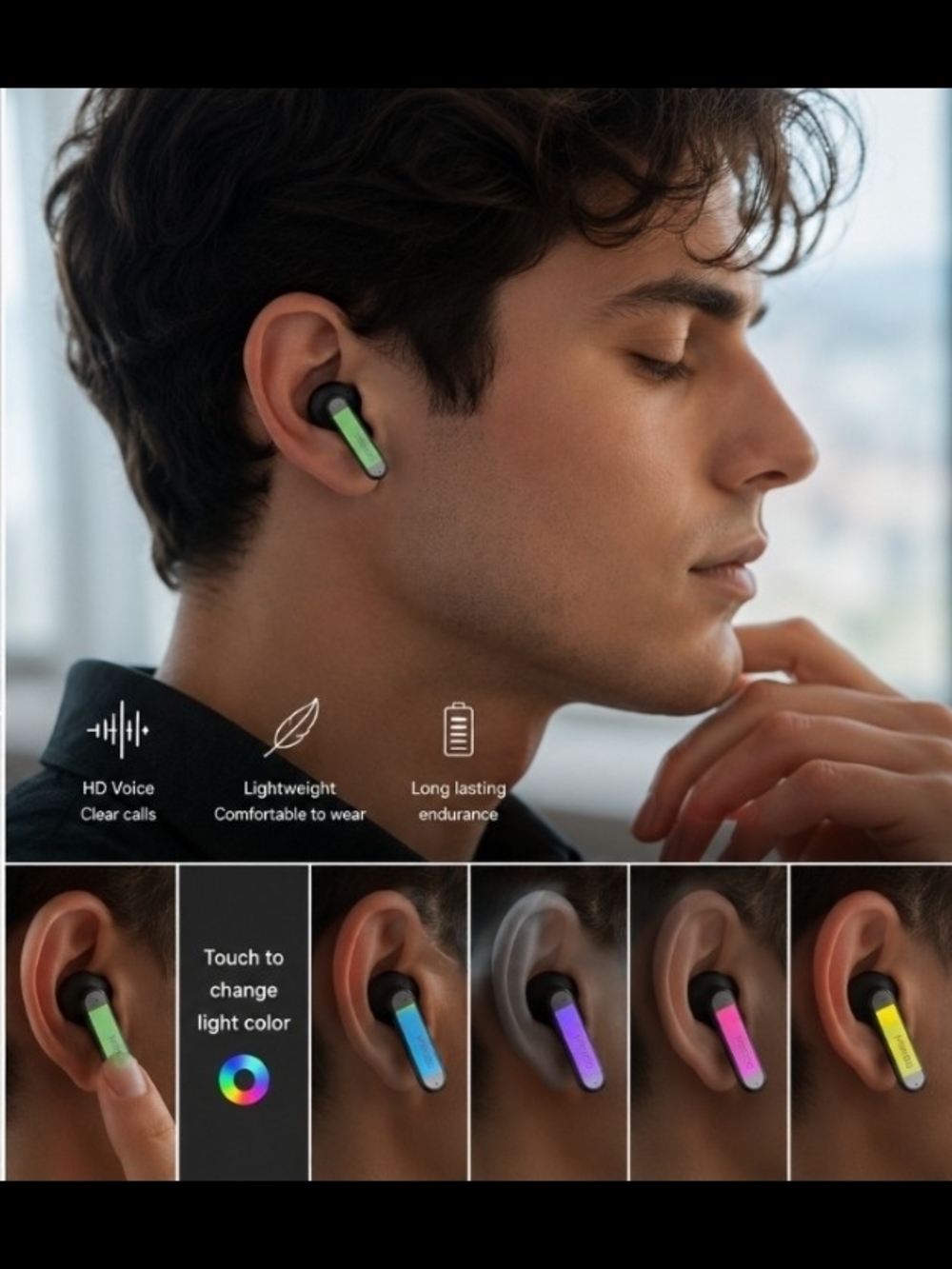NEW Bluetooth Earbuds w/ Custom Color-Changing LEDs & Charging Case